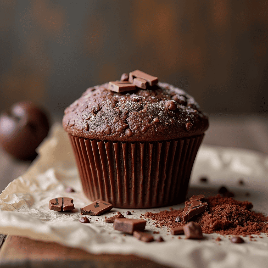 Muffin au chocolat moelleux sur une assiette.
