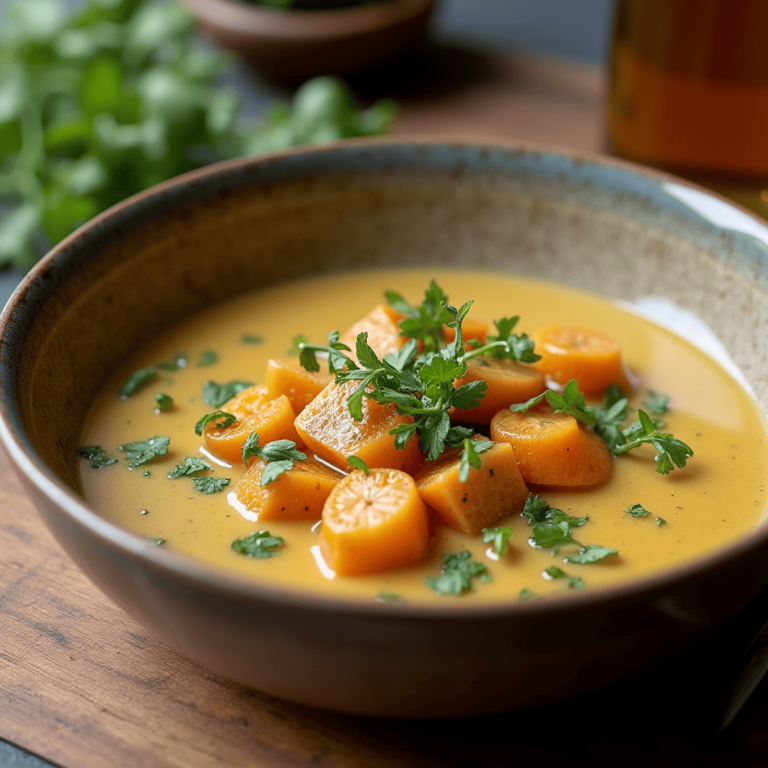 Un bol de Soupe de Potimarron crémeuse servi avec des morceaux de pain frais.