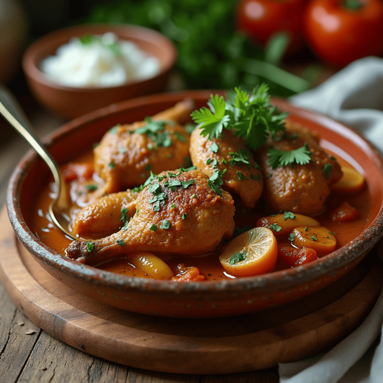 Tajine de poulet mijoté avec des légumes et des épices.