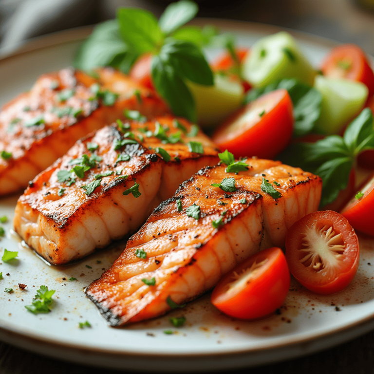 Saumon grillé accompagné de légumes frais sur une assiette blanche.