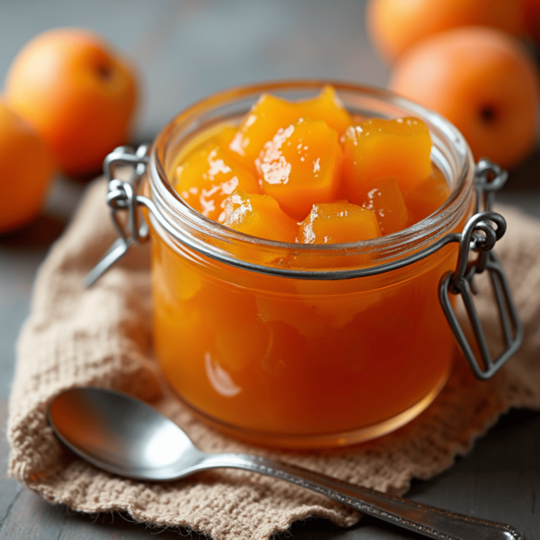 Pot de confiture d'abricots maison avec une cuillère sur une table en bois, prêt à être dégusté
