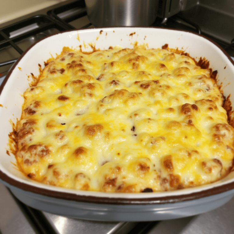 Une délicieuse assiette de gratin de pâtes à la béchamel, avec une croûte dorée et fondante sur le dessus, prête à être dégustée.