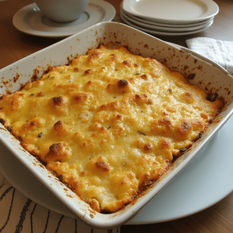 Gratin de pâtes à l'ancienne crémeux avec une croûte dorée et une garniture de fromage fondant.