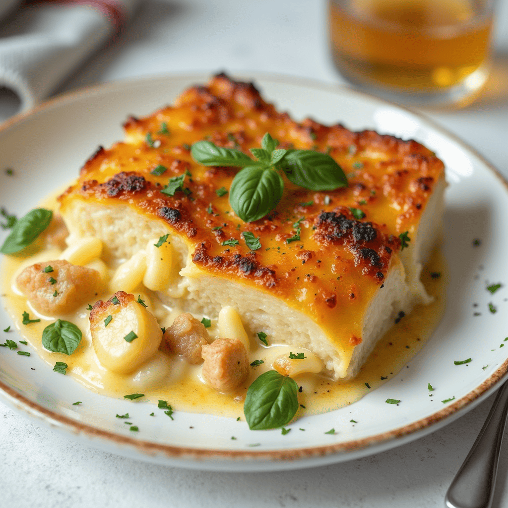 Gratin de pâtes à l'italienne au fromage fondant, avec une croûte dorée, servi dans un plat à gratin.