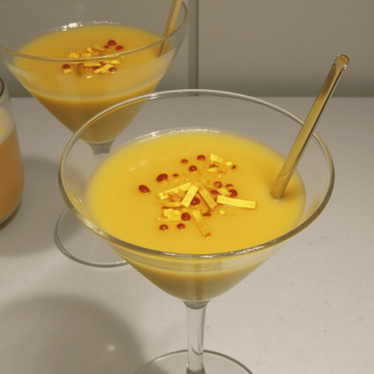 Verre de soupe de champagne servi dans une coupe élégante avec des fruits frais et des bulles pétillantes.