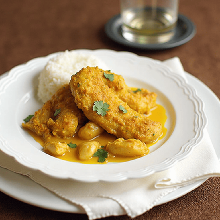 Image d'un plat de poulet au curry avec sauce crémeuse, accompagné de riz basmati et de légumes rôtis.