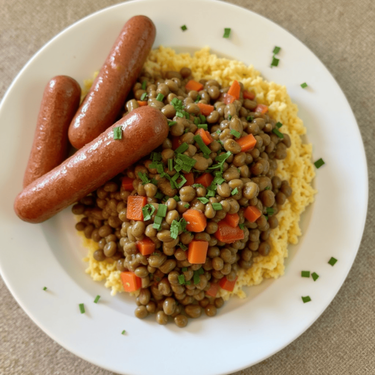 Plat traditionnel français de Saucisse Lentille mijotées.