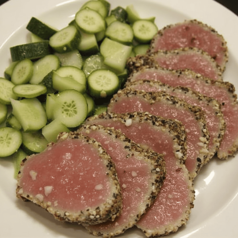 Assiette de tataki de thon accompagné de légumes frais et sauce légère.