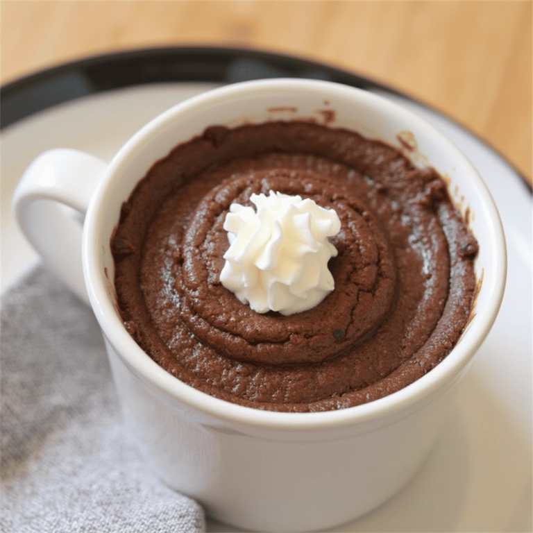 Mug cake chocolat cuit au micro-ondes dans une tasse, prêt à être dégusté.