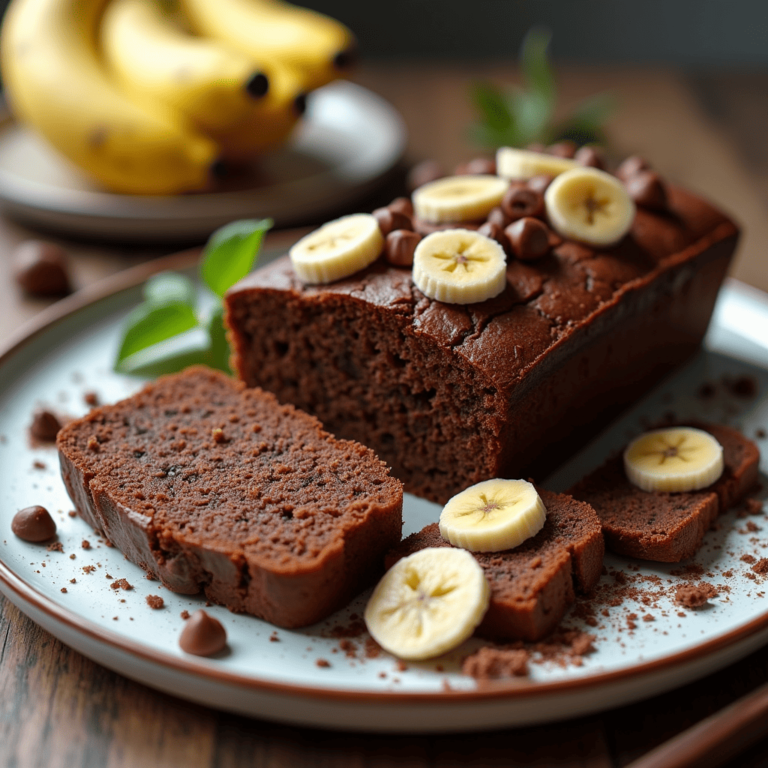 Banana bread chocolat moelleux avec des morceaux de chocolat fondants et des bananes mûres, parfait pour un dessert gourmand.