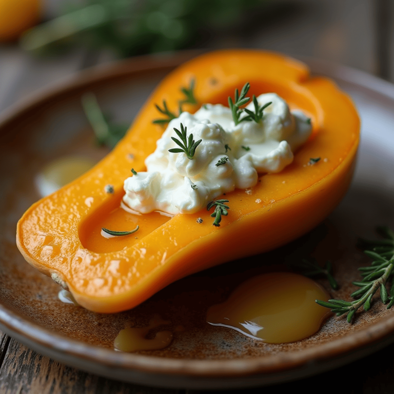 Butternut au four chèvre doré avec miel et thym sur une plaque de cuisson.