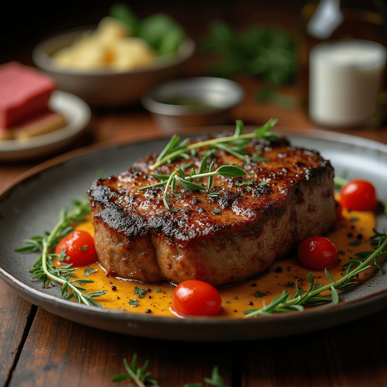 Côte de bœuf au four parfaitement cuite, avec une croûte dorée et une chair saignante, servie sur une planche avec du sel et du poivre.