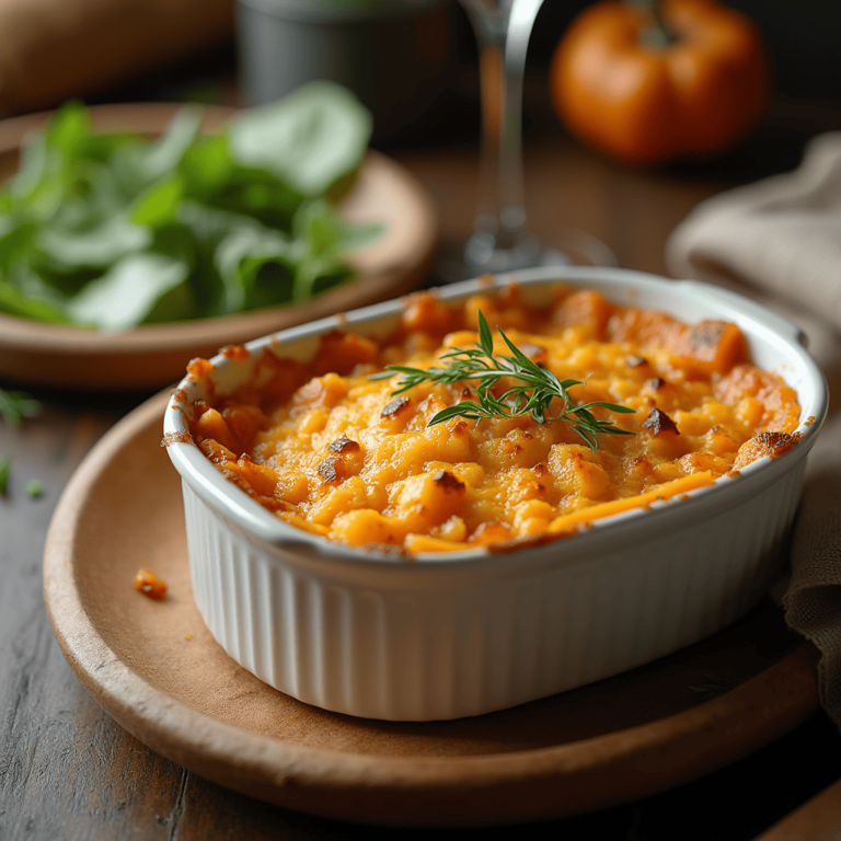 Gratin butternut au four avec une croûte dorée et crémeuse