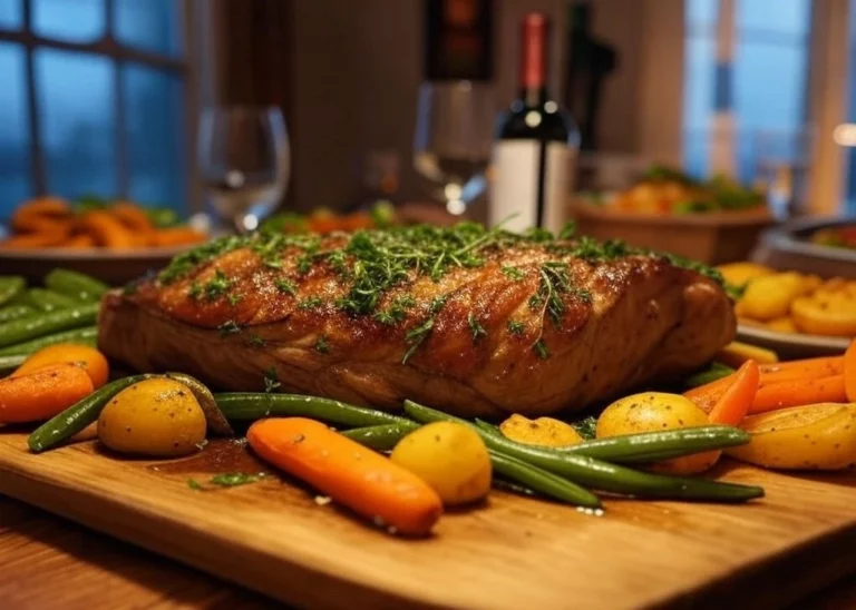Rôti de veau doré et juteux, parfaitement cuit avec des herbes fraîches et des légumes.