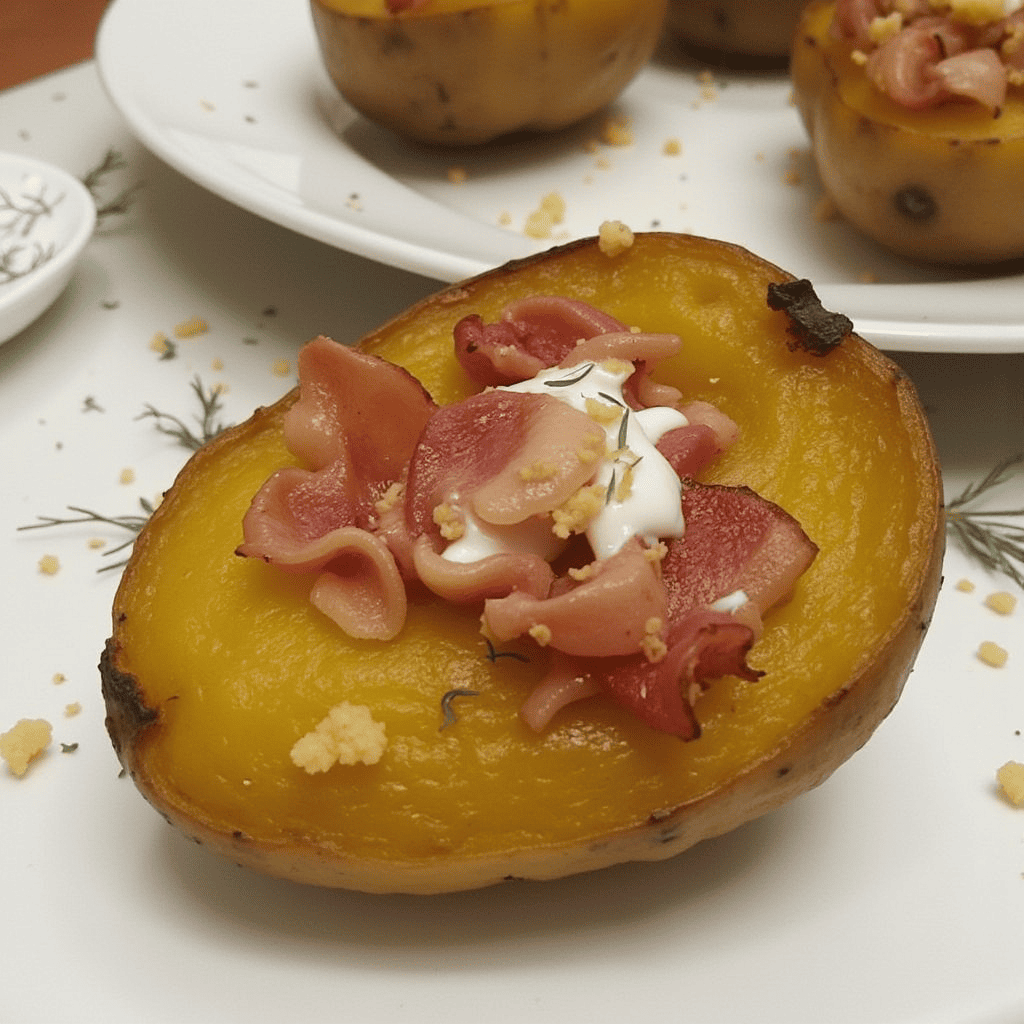 Pomme de terre au four à l’ancienne farcie au bacon croustillant et crème fraîche.