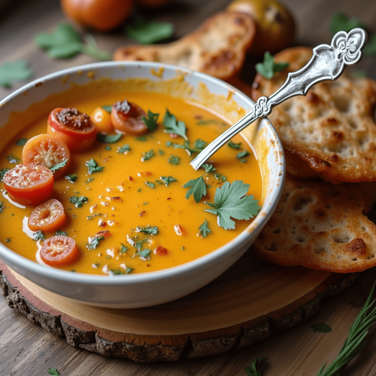 Soupe de potimarron gastronomique servie dans un bol élégant, décorée de graines de courge et de crème fraîche.