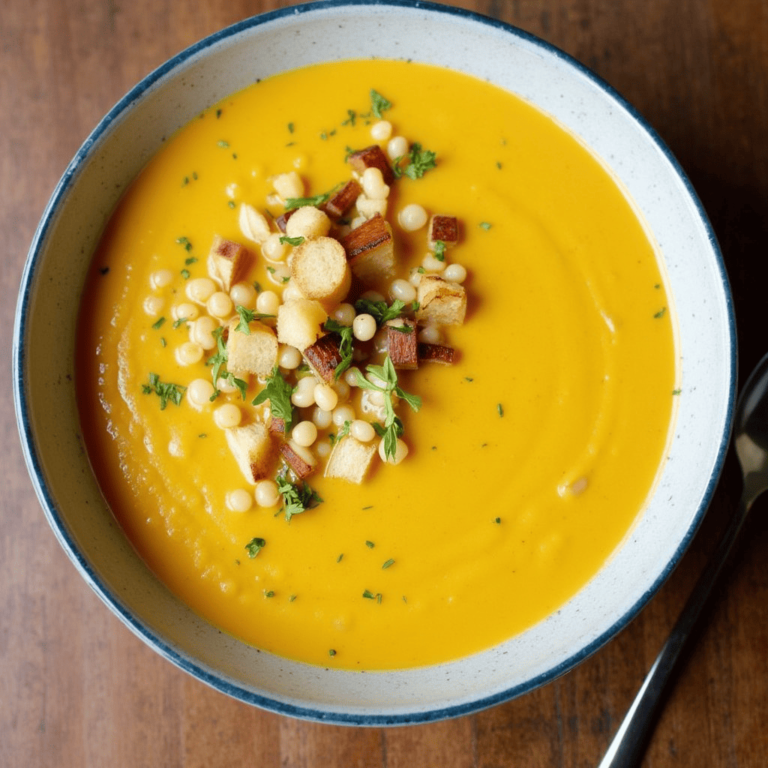 Velouté potimarron carotte crémeux servi avec des graines de courge et des croutons maison.