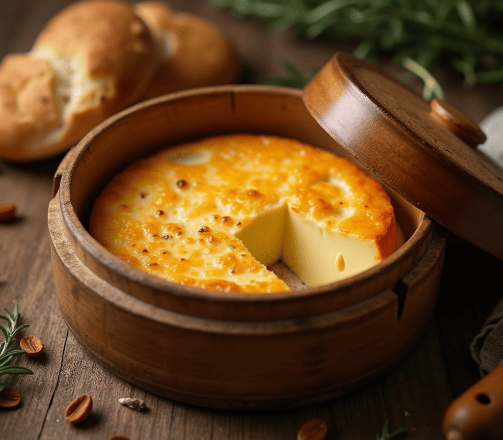 Camembert au four ail fondu dans sa boîte en bois, accompagné de pain grillé et d’herbes aromatiques