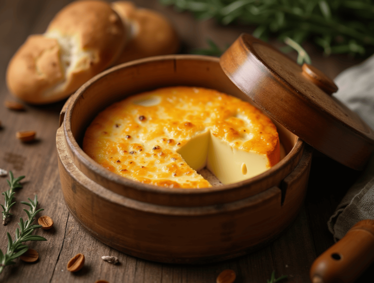 Camembert au four ail fondu dans sa boîte en bois, accompagné de pain grillé et d’herbes aromatiques
