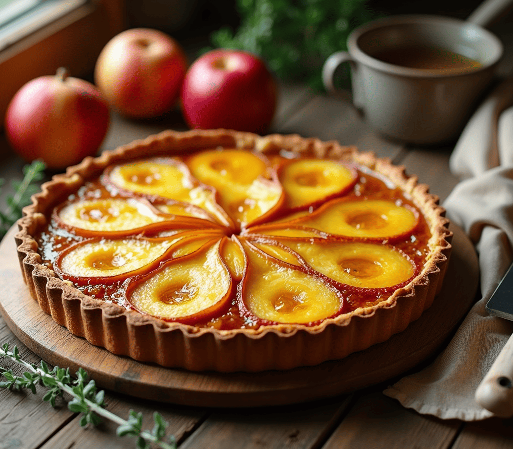 tarte aux poireaux sans œufs dorée et découpée, avec poireaux caramélisés sur pâte croustillante, décor rustique
