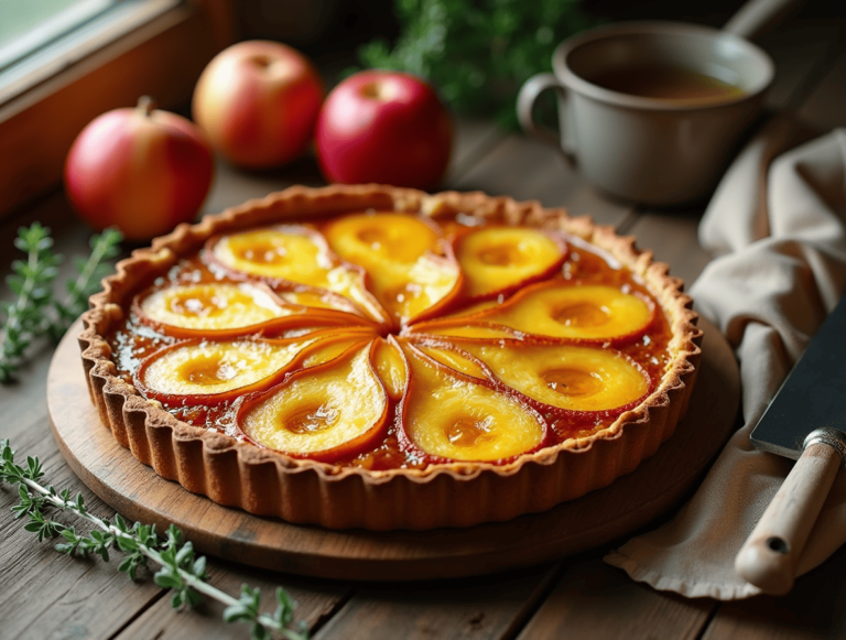 tarte aux poireaux sans œufs dorée et découpée, avec poireaux caramélisés sur pâte croustillante, décor rustique