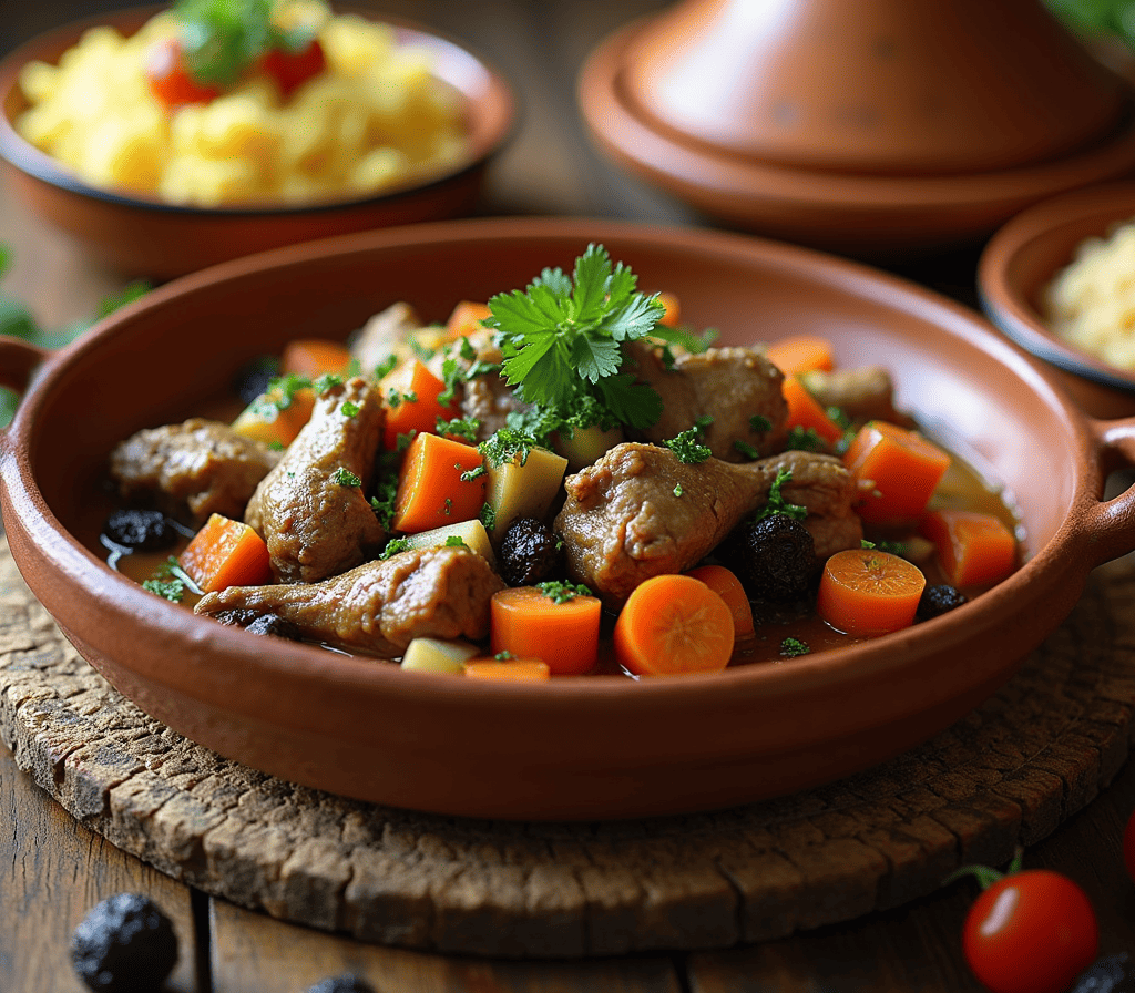 Plat de tajine poulet marocain garni de légumes et d'épices, prêt à être servi.