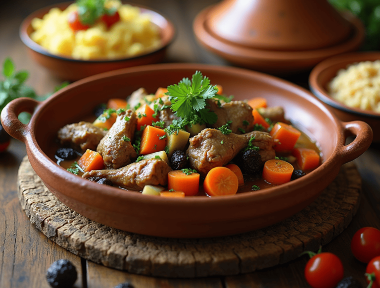 Plat de tajine poulet marocain garni de légumes et d'épices, prêt à être servi.