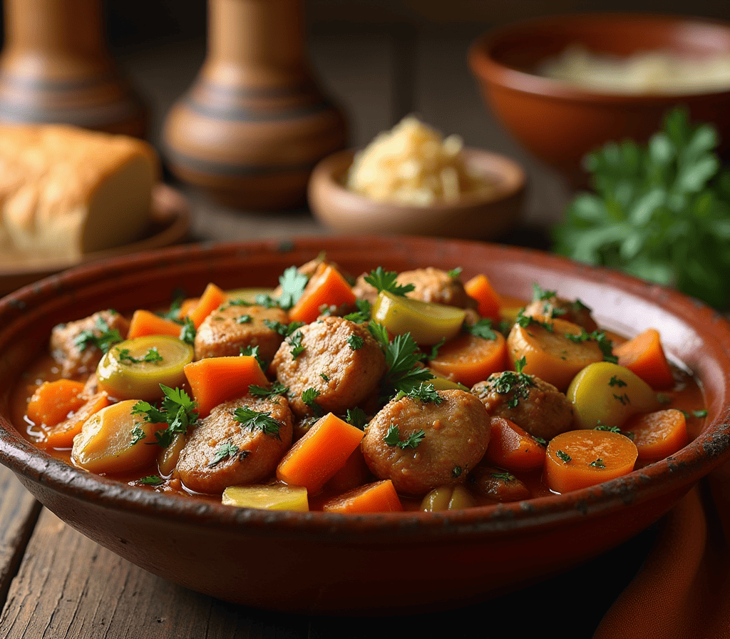 Un délicieux tajine poulet légumes garni d'épices et de légumes de saison, prêt à être dégusté.