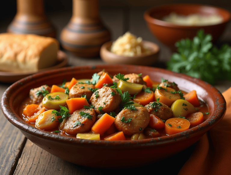 Un délicieux tajine poulet légumes garni d'épices et de légumes de saison, prêt à être dégusté.