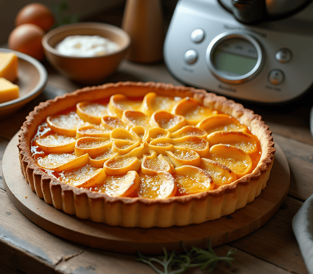 Tarte aux poireaux Thermomix maison cuite à la perfection, posée sur une table en bois avec ustensiles de cuisine.