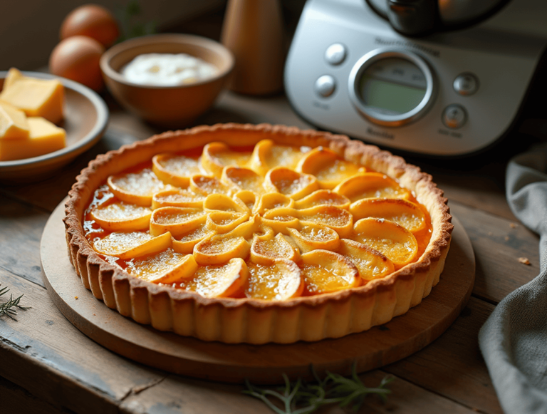 Tarte aux poireaux Thermomix maison cuite à la perfection, posée sur une table en bois avec ustensiles de cuisine.
