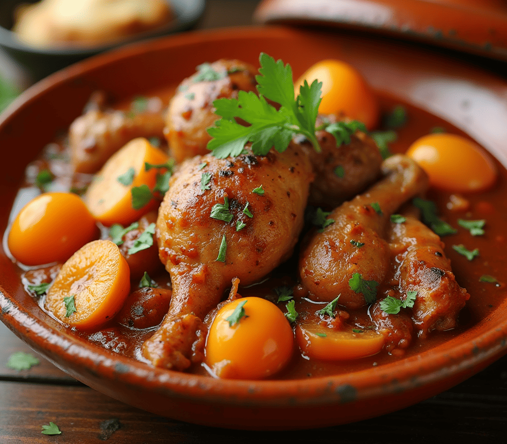 Tajine Poulet Abricot - Plat marocain traditionnel avec poulet, abricots secs et amandes
