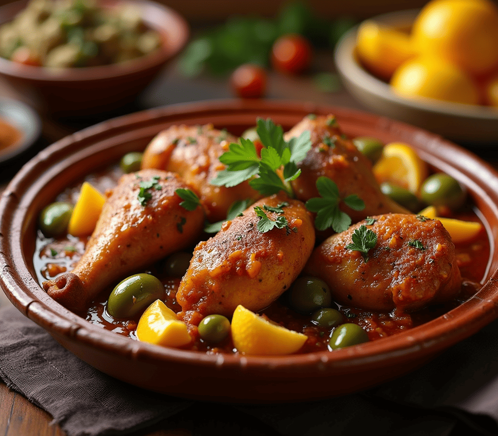 Tajine poulet citron accompagné d’olives et de légumes