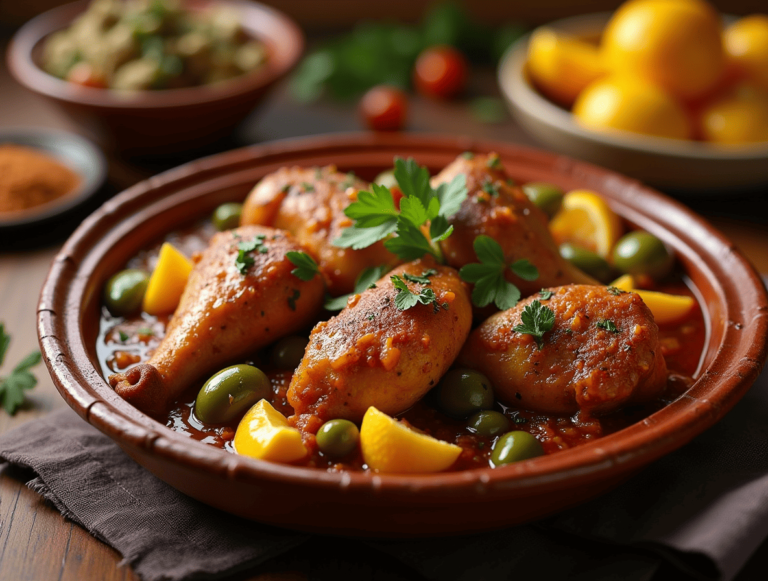 Tajine poulet citron accompagné d’olives et de légumes