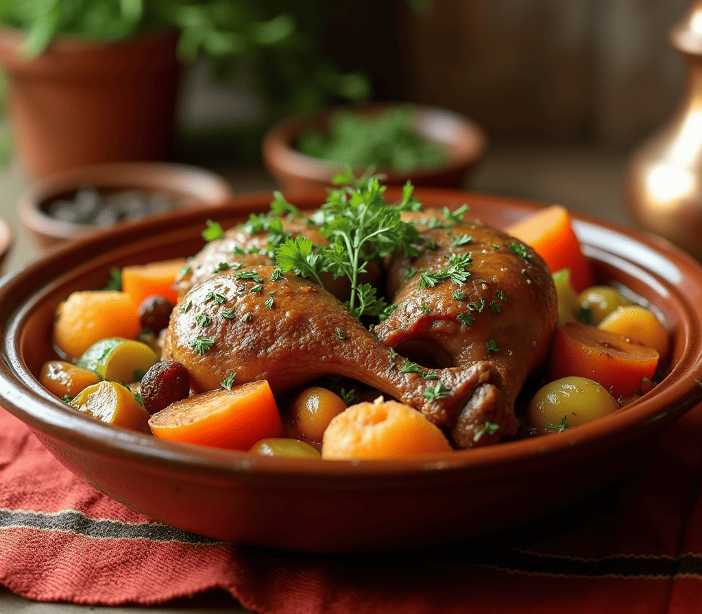 Recette tajine poulet orientale avec légumes et fruits secs, plat traditionnel marocain