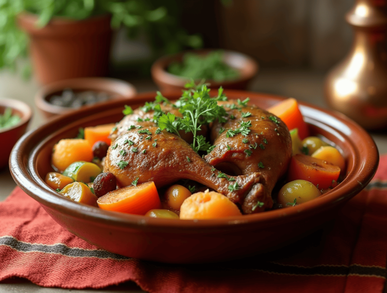 Recette tajine poulet orientale avec légumes et fruits secs, plat traditionnel marocain