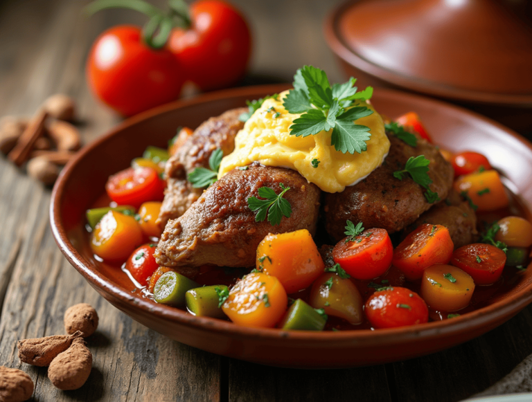Tajine poulet tunisien préparé avec des épices et des légumes frais, servi avec du fromage fondu sur le dessus.